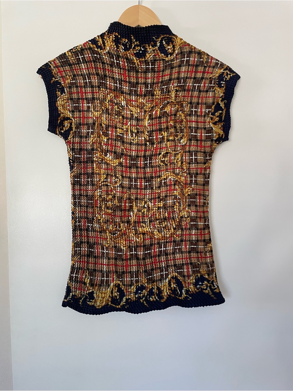 Versace Multicolor Plaid Knit Cap-Sleeve Top with Gold Scrolls